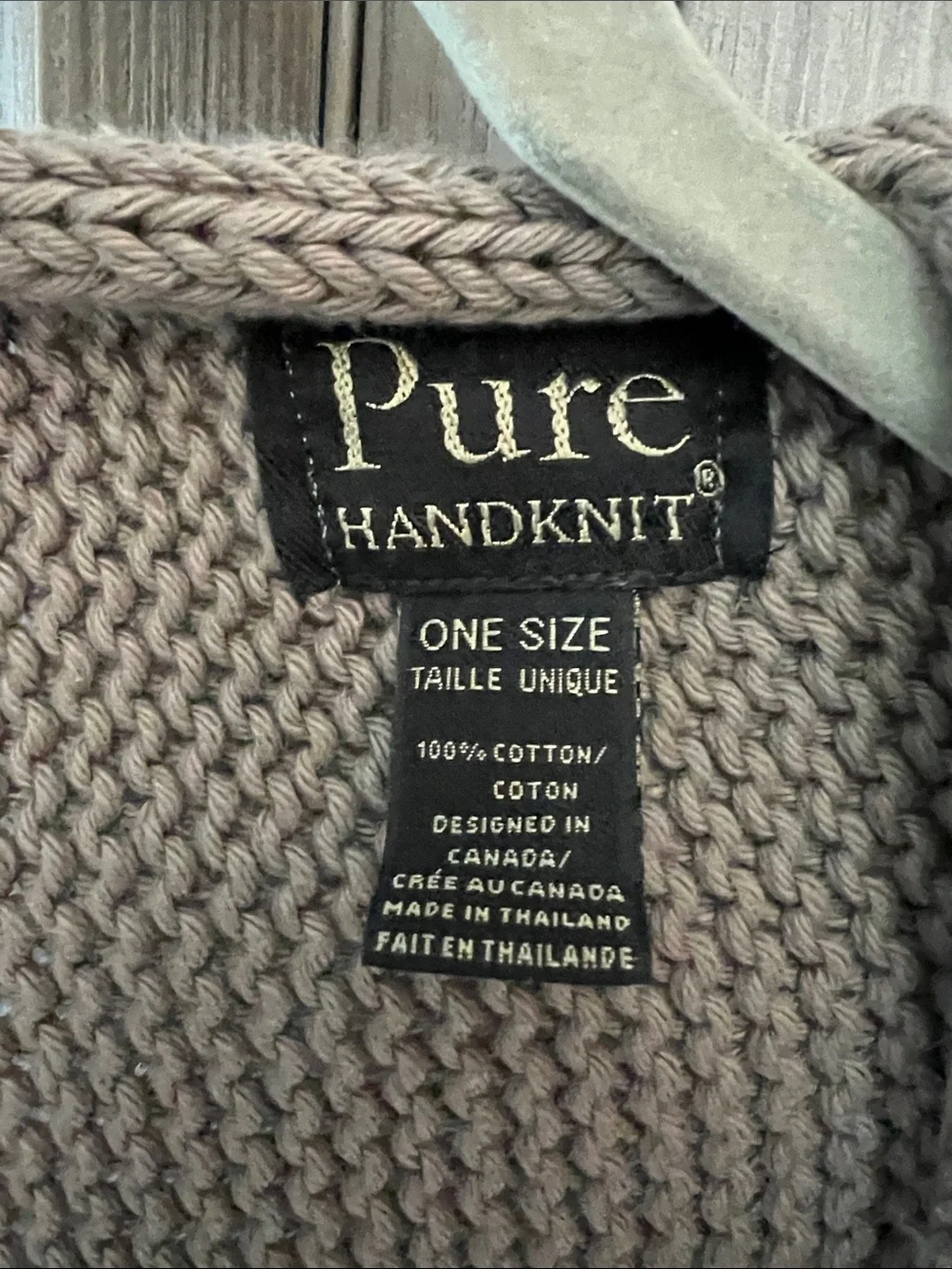 PURE HANDKNIT OS scarf taupe w/ coconut shell buttons 100% cotton